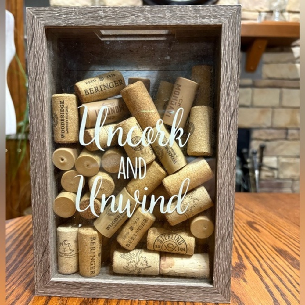 WOODRN WINE CORK SHADOW BOX “ UNCORK AND UNWIND”